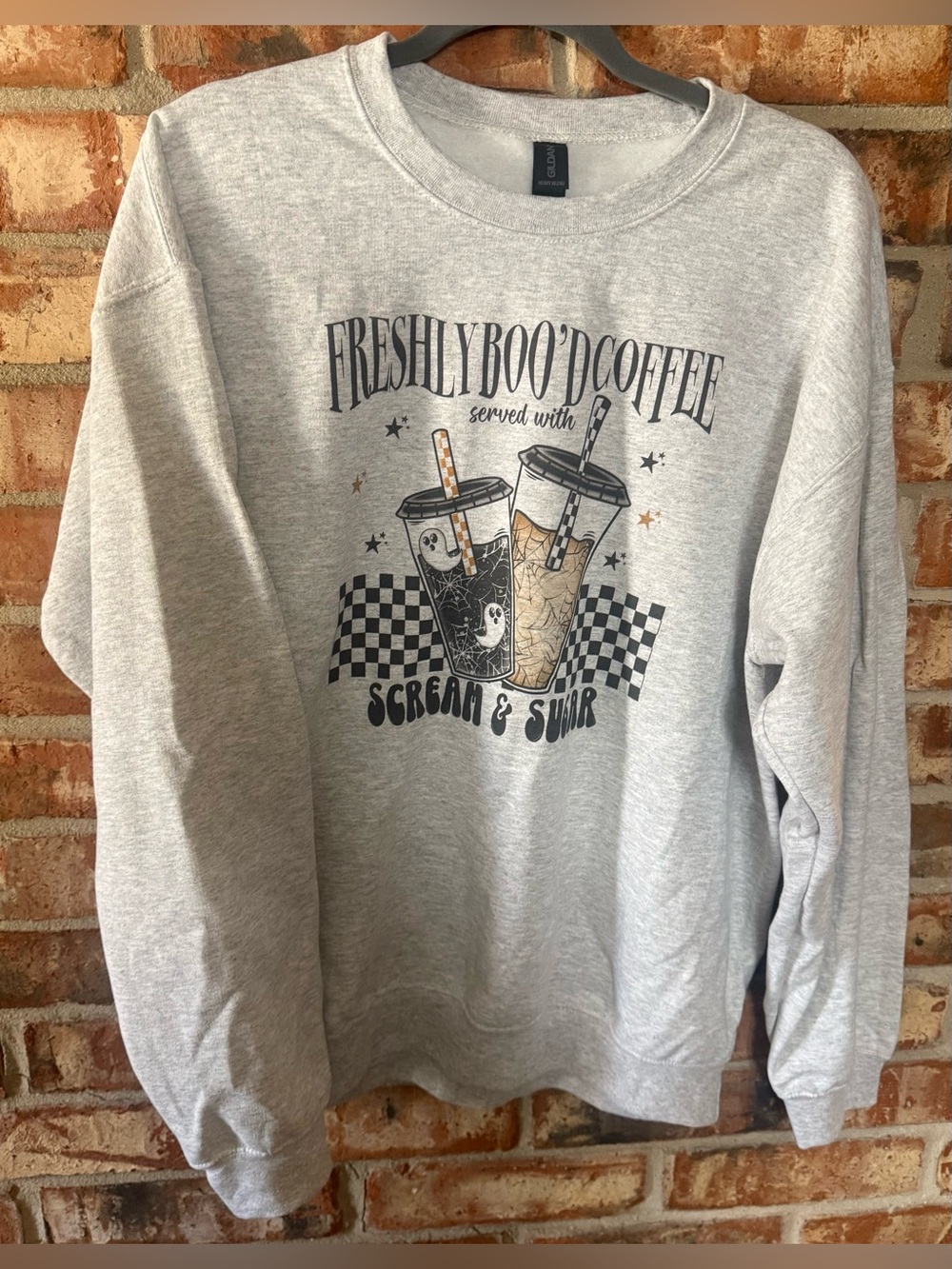 Gildan Gray 'Freshly Boo'd Coffee' Graphic Crewneck